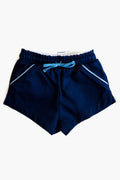 Cadets navy blue boys' shorts with an elastic waistband, blue drawstring, and light blue piping on the pockets. Perfect cotton shorts for active kids.