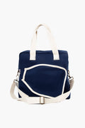 The CB Station navy blue canvas duffel bag features white handles, a white adjustable shoulder strap, and a front zippered pocket with white trim—ideal as a personalized tote or monogrammed gift.