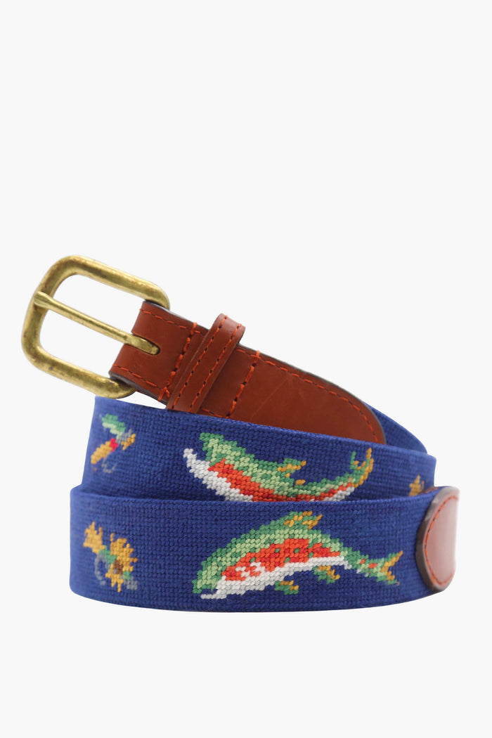The Smathers and Branson blue hand-stitched belt features a brown leather buckle and embroidered fish and fly designs, making it perfect for any rainbow trout enthusiast.
