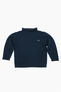 A Soft Idea navy blue cotton kids sweater with long sleeves, mock neck, and FITZ monogram on the left chest.