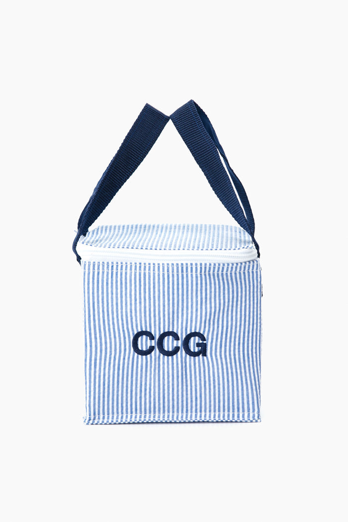 A blue and white striped insulated snack bag by Caton's Wharf, featuring navy handles and CCG initials embroidered on the front.