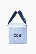 A blue and white striped insulated snack bag by Caton's Wharf, featuring navy handles and CCG initials embroidered on the front.