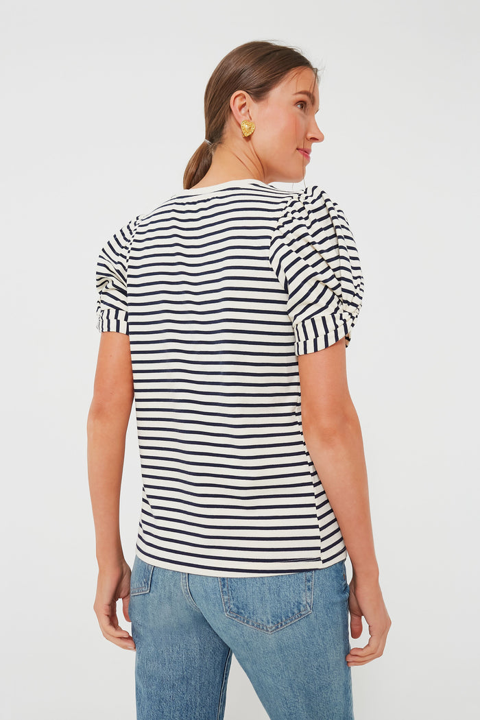 Navy Striped Vesty Puff Short Sleeve Crewneck