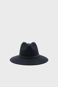 The Barbour women's hat is a wide-brimmed black felted wool fedora with a brown cord band, featuring an equestrian-inspired design.