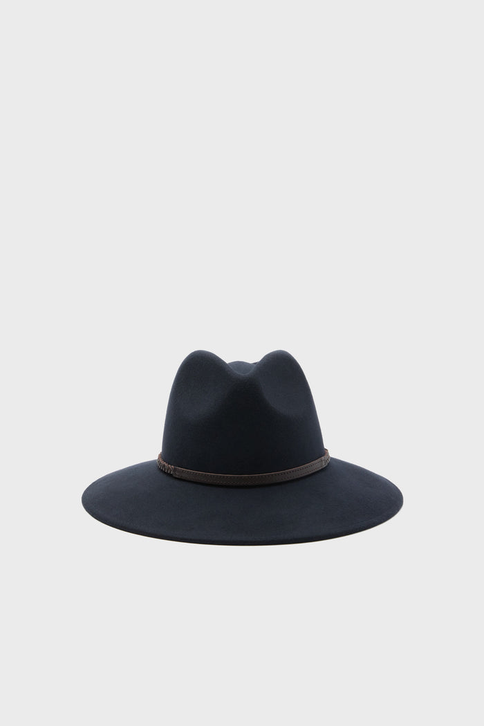 The Barbour women's hat is a wide-brimmed black felted wool fedora with a brown cord band, featuring an equestrian-inspired design.