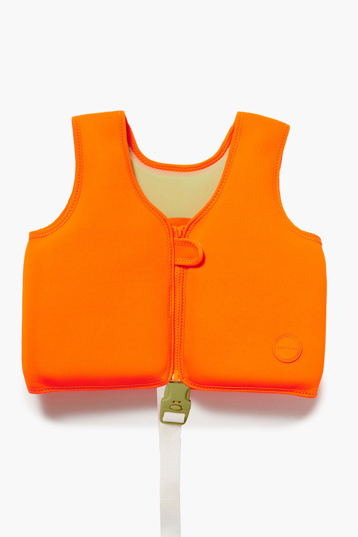 The Sunnylife bright orange neoprene life vest features a front zipper and secure buckle strap, making it a perfect swimming accessory for kids.