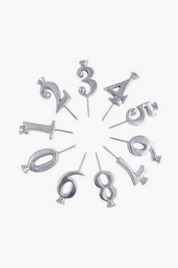 Mariposa silver number-shaped candles (0–9) arranged in a circle on recycled aluminum holders—an ideal handcrafted gift.