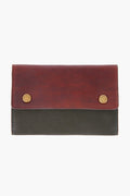 The Barbour two-tone leather wallet, with a brown flap, brass snap buttons, and dark green body, is perfect for storing essentials like a Barbour manicure kit or travel grooming set.
