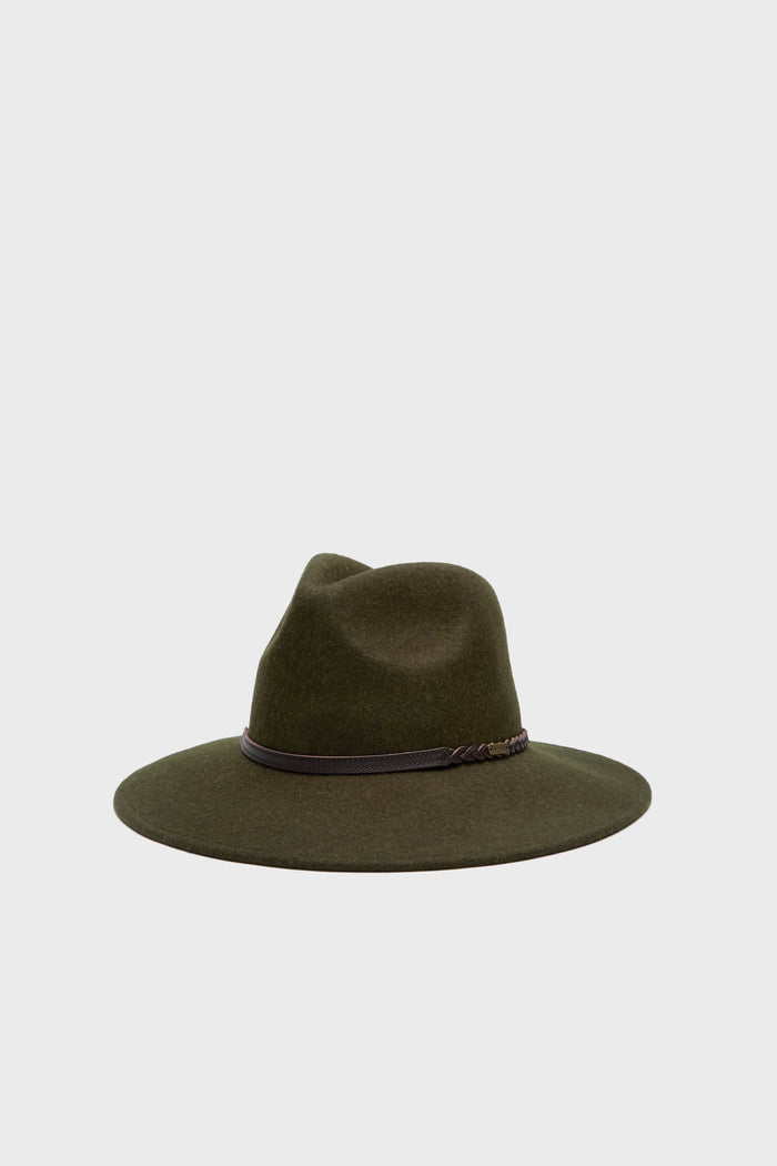 Classic Olive Melange Tack Fedora, featuring a wide brim, brown braided leather hatband, and Tattersall cotton head pad, embodies effortless, high-end style and fun sophistication.