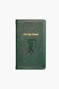 A dark green leather golf scorebook by Graphic Image, featuring "ON THE GREEN" embossed in gold and a golfer swinging a club on the cover—a perfect gift for golf enthusiasts.
