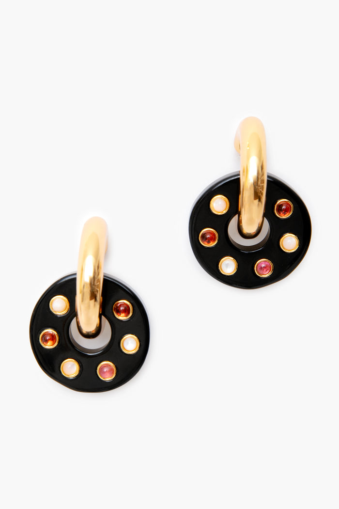 Lizzie Fortunato onyx arcade earrings feature black circular pendants on gold-plated brass hoops, accented with alternating small red and white stones.
