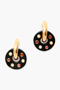 Lizzie Fortunato onyx arcade earrings feature black circular pendants on gold-plated brass hoops, accented with alternating small red and white stones.