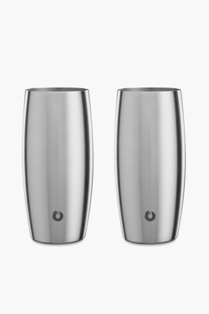 Two Snowfox vacuum-insulated stainless steel tumblers with minimalist design and a small circular logo near the base are placed side by side.