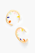 Cult Gaia gold hoop earrings feature multicolored stones and small pearls along the inner curve, adding an elegant and vibrant touch.