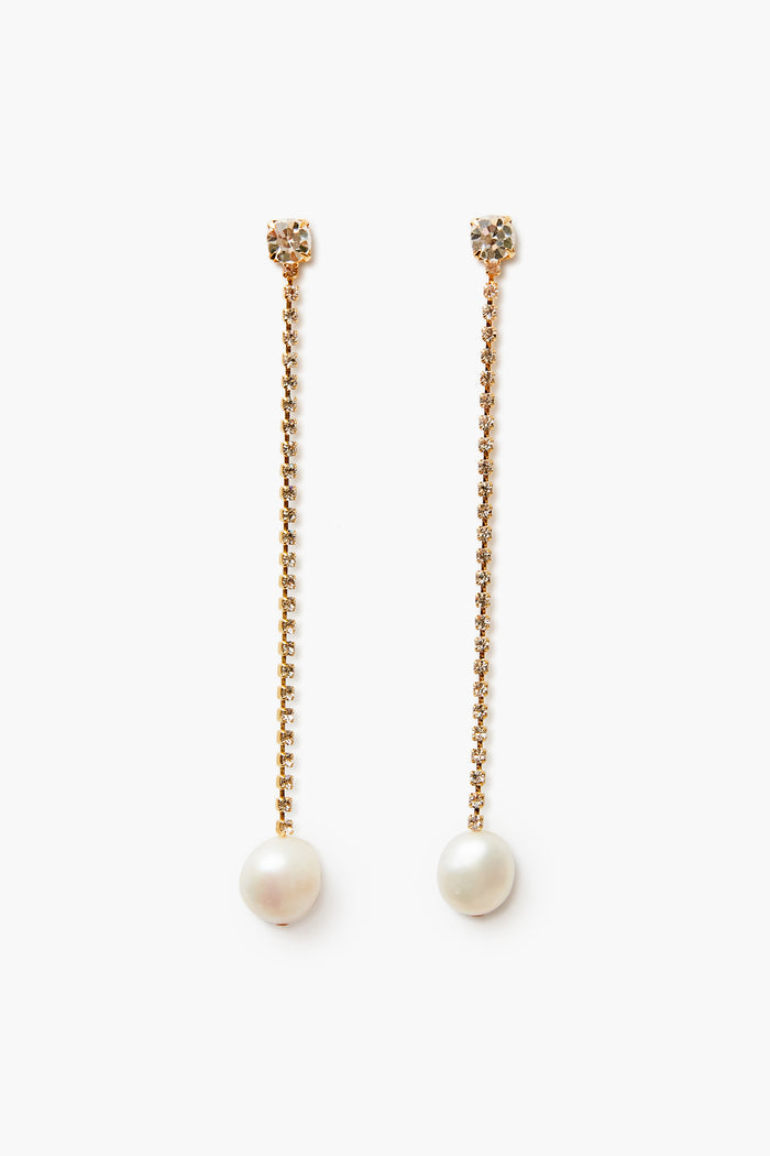 Lizzie Fortunato gold-plated brass column earrings feature round freshwater pearl drops and small round studs at the top.