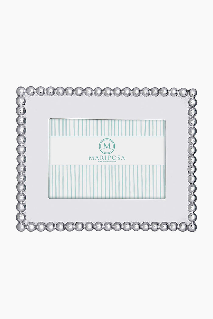 Mariposa rectangular 4x6 picture frame crafted from recycled aluminum, featuring a raised silver bead border and a blue-striped placeholder insert with the Mariposa logo at the center.