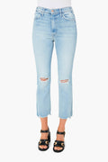 Wearing MOTHER light blue, high-waisted stretch denim cropped jeans with knee rips and frayed hems, paired with black heeled sandals featuring gold accents.