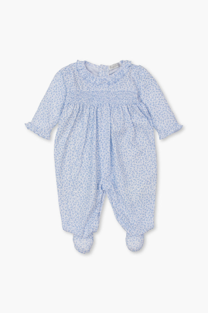 Light blue long-sleeve floral footie onesie by kissy kissy, crafted from soft Pima cotton with a smocked bodice, enclosed feet, and delicate floral pattern.