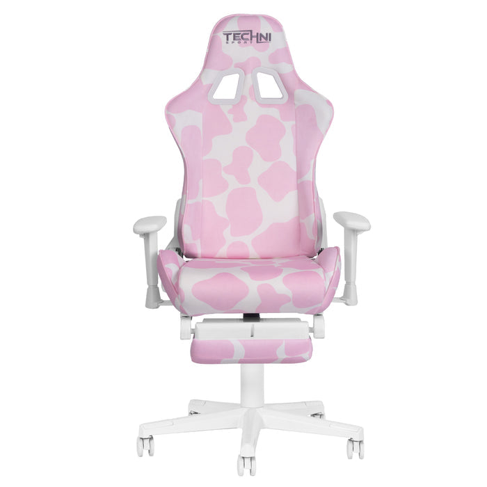 Pink and White Cow Print Adjustable Height Rolling Gaming Chair With Footrest