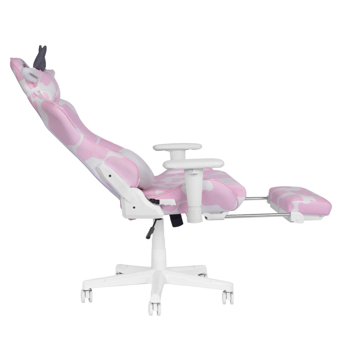 Pink and White Cow Print Adjustable Height Rolling Gaming Chair With Footrest