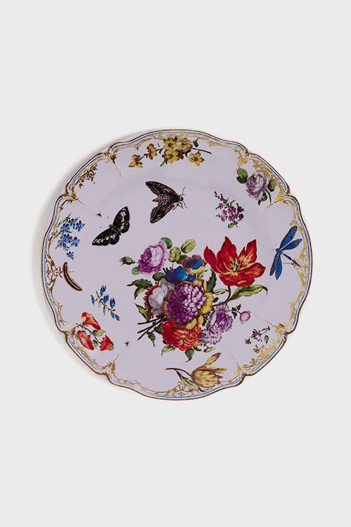 A One Hundred 80 Degrees plate with a scalloped edge, adorned with colorful flowers, butterflies, and a dragonfly—ideal as charming tableware or paired with the Pink Butterfly Tin Plate.