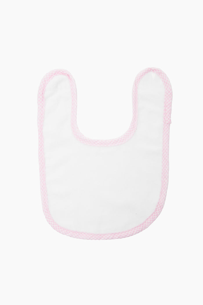 Caton's Wharf white cotton bib with a pink gingham border—perfect for babies.
