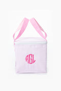 A Caton's Wharf pink and white striped snack bag with pink handles, featuring the initials AGL monogrammed on the front.