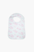 Nella Pima white baby bib in soft Peruvian Pima cotton with a light pink toile pattern and snap neck closure—ideal as a baby gift or for feeding.