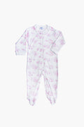 The Nella Pima white baby onesie is crafted from soft Peruvian Pima cotton, with pink prints, long sleeves, footed legs, and a front zipper—ideal as a baby gift or cozy footie pajamas.