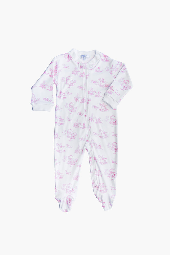 The Nella Pima white baby onesie is crafted from soft Peruvian Pima cotton, with pink prints, long sleeves, footed legs, and a front zipper—ideal as a baby gift or cozy footie pajamas.