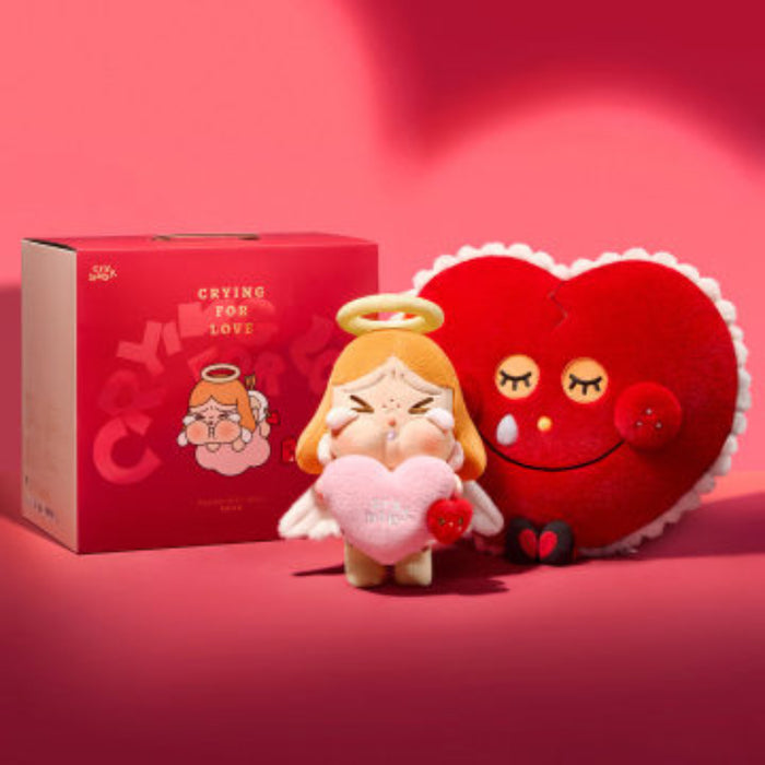 Pop Mart Crybaby Crying For Love plush gift box — Stupid Cupid doll and Heartbreak Mask on pink background