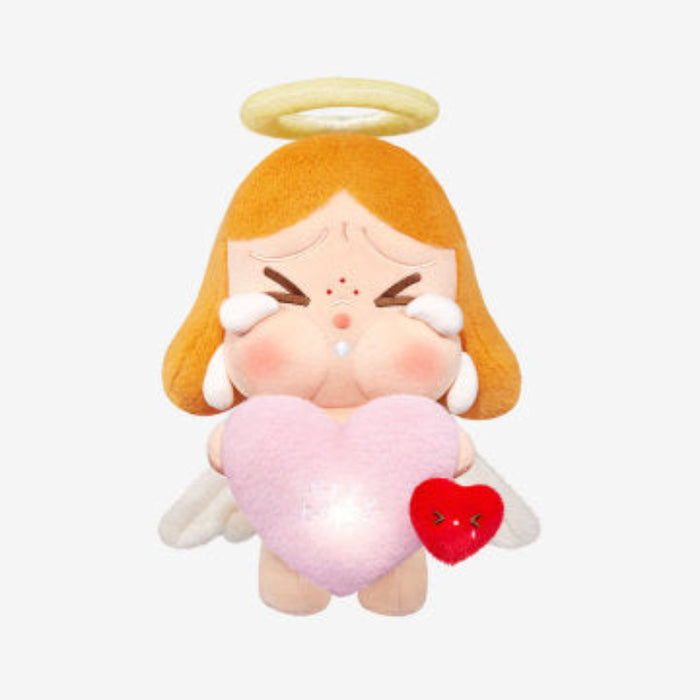Pop Mart Crybaby Stupid Cupid plush doll — angelic design holding a heart, 22x31.5cm