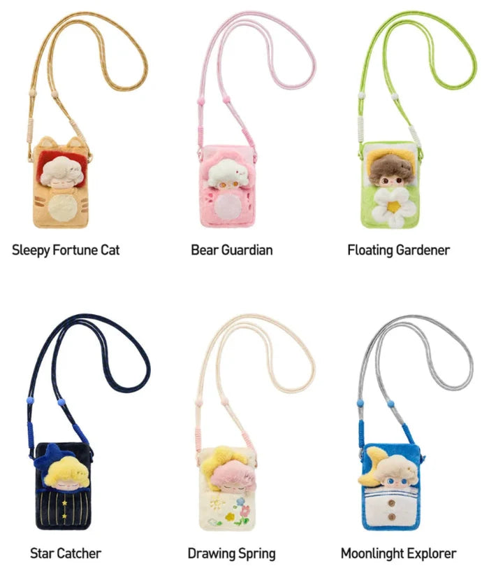 Pop Mart Dimoo Weaving Wonders plush bag — all 6 blind box designs on white background