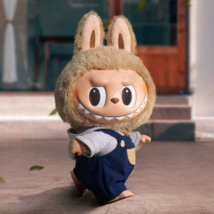 Pop Mart Labubu Time to Chill vinyl plush doll — full body view showing beige and blue tones