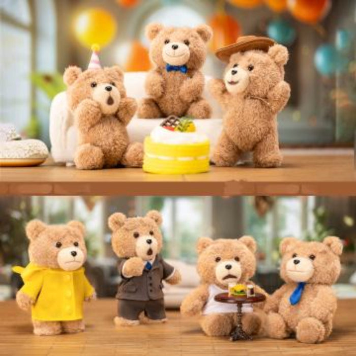 Pop Mart Ted2 Teddy plush pendant — all 6 blind box designs with cake on wooden surface