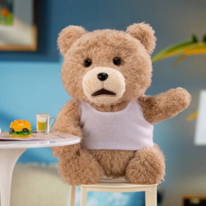 Pop Mart Ted2 Teddy plush pendant — character at table with drink, genuine Pop Mart collectible