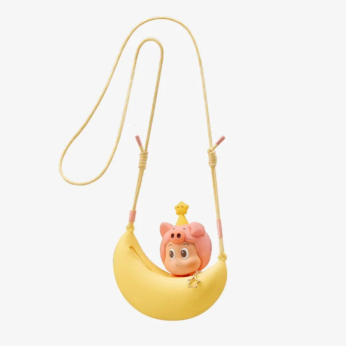 Pop Mart POP BEAN Twinkle Twinkle crossbody bag — character on yellow moon, light pink background