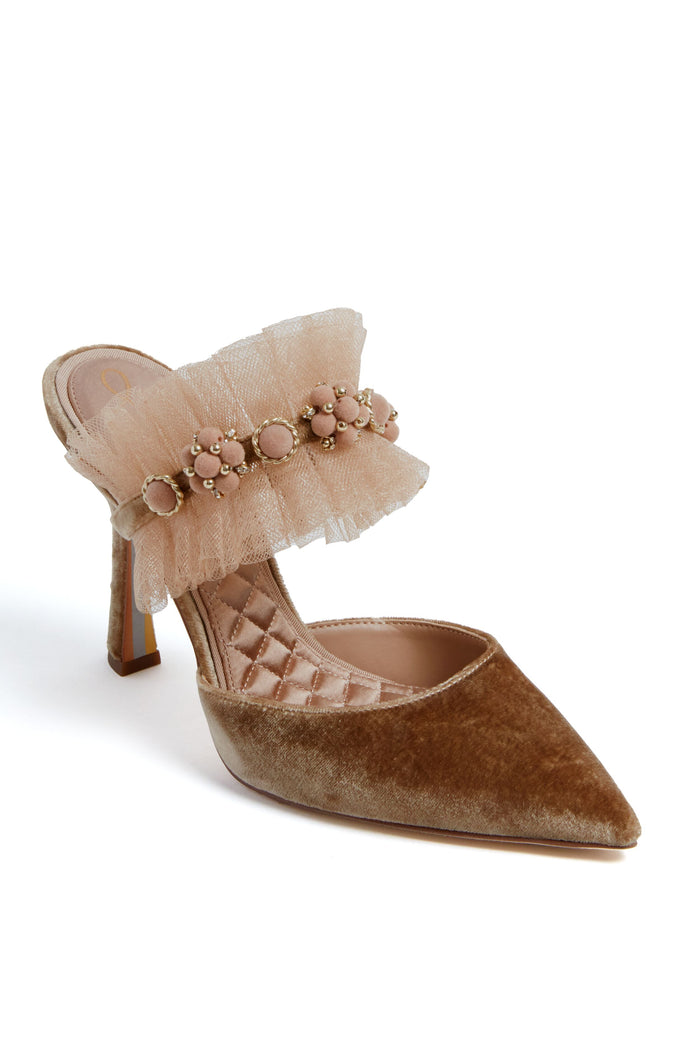 A brown velvet Sam Edelman Prosecco Hughes Heel mule with a pointed toe, high heel, quilted insole, and an embellished tulle ruffle strap featuring beads and floral accents.