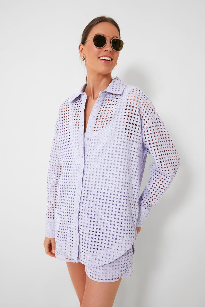 A woman wears sunglasses and a Steve Madden Purple Heather Poppy Top with matching shorts, perfect as a summer coverup.