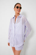 A woman wears sunglasses and a Steve Madden Purple Heather Poppy Top with matching shorts, perfect as a summer coverup.