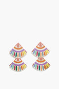 Sunshine Tienda’s geometric, hand-painted fan earrings showcase colorful, symmetrical patterns. These lightweight earrings add a vibrant touch to any outfit.