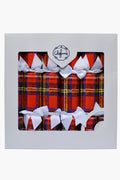 A box of six Chefanie Plaid Poppers Christmas crackers features red tartan patterns and white bows, packaged in white with a clear window and label—perfect as festive party favors for your holiday table.