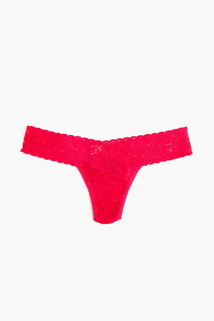 Hanky Panky bright pink low-rise thong in signature stretch lace features a delicate floral pattern, perfect for women’s lingerie collections.