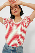 A woman poses with arms raised and crossed above her head, wearing blue jeans and a Pomander Place Red Striped Vesty Puff Short Sleeve Crewneck.