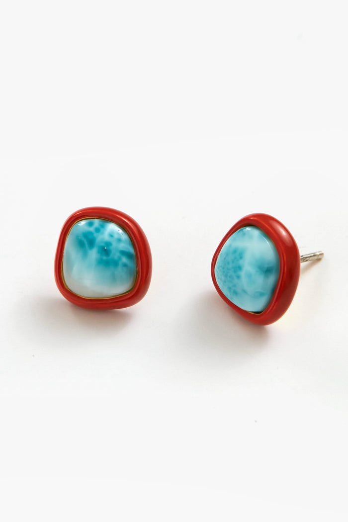 A pair of blue Reef Enameled Bay Studs by Lizzie Fortunato, crafted from gold-plated brass.