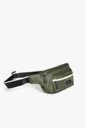 Paravel Safari Green Belt Bag featuring a black and white adjustable strap, two zippered compartments, and a small Marvel logo on the front pocket—ideal for hands-free adventures.