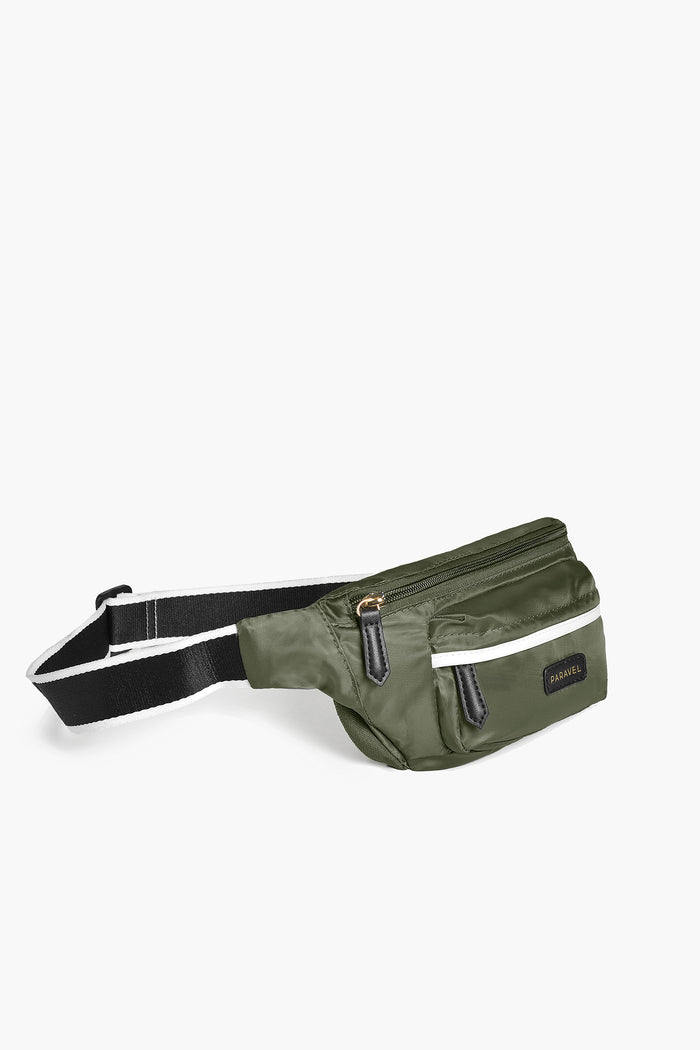 Paravel Safari Green Belt Bag featuring a black and white adjustable strap, two zippered compartments, and a small Marvel logo on the front pocket—ideal for hands-free adventures.