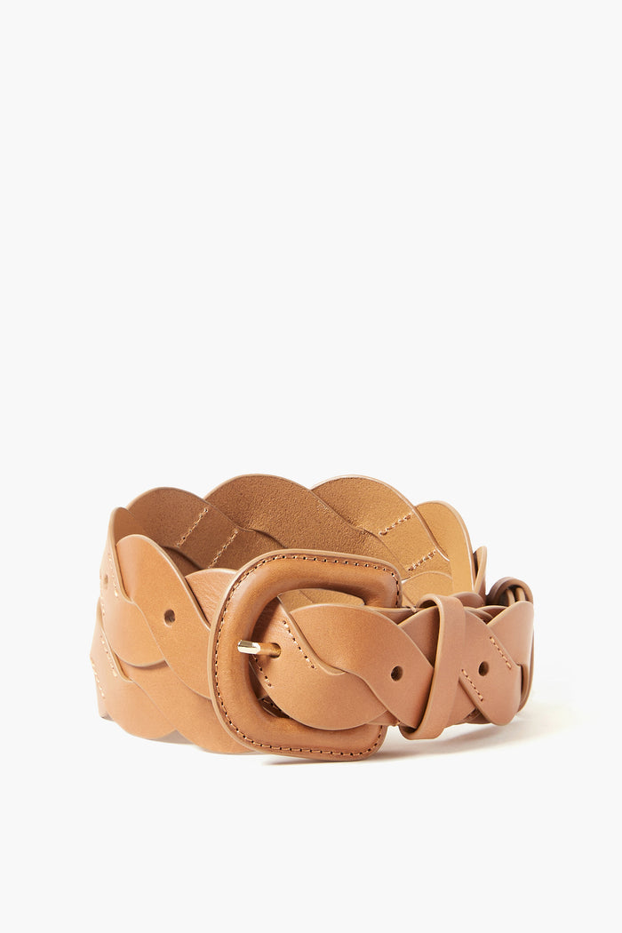 Tan scalloped woven belt by Loeffler Randall, featuring a braided design, matching buckle, and tonal stitching in vachetta leather.