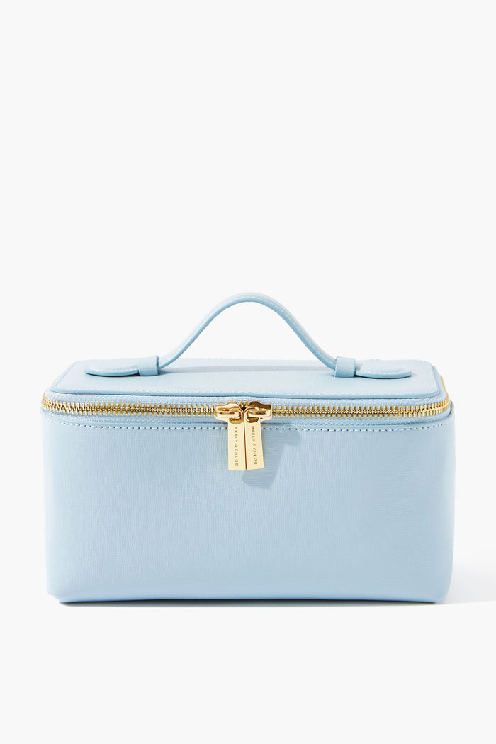 The Neely & Chloe rectangular light blue Saffiano vanity case features a top handle and gold zipper closure, making it perfect as a personalized makeup bag.