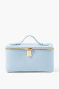 The Neely & Chloe rectangular light blue Saffiano vanity case features a top handle and gold zipper closure, making it perfect as a personalized makeup bag.